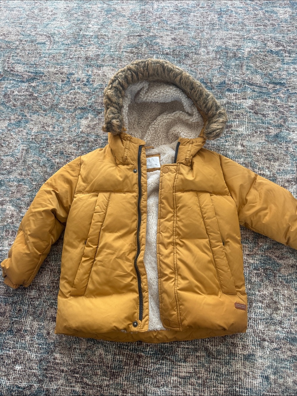 Zara Mustard Yellow Hooded Puffer Jacket with Faux-Fur Trim
